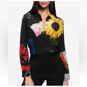 Alice + Olivia Willa Silk Placket Blouse with Black Floral Size XS NWT
